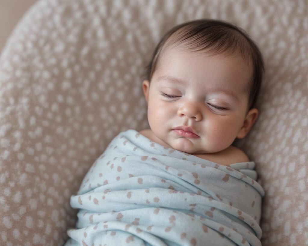 Infant sleeping peacefully, wrapped in organic baby products.