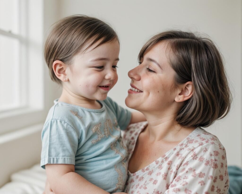 Mom embracing baby and enjoying organic baby products.