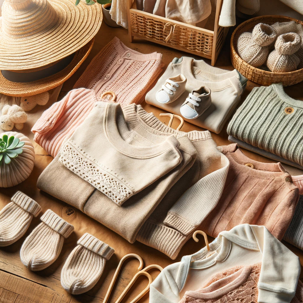 A collection of high-quality, organic baby clothing, featuring items like onesies, sweaters, and hats made from organic cotton and bamboo fabric, displayed in soft, natural colors against a complementary background.