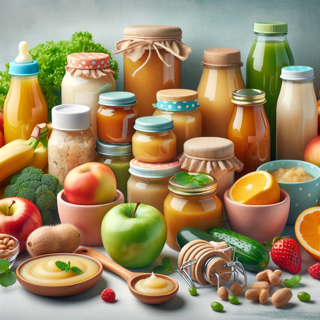 An assortment of organic baby food products, including jars of organic purees, homemade baby food in eco-friendly containers, and fresh organic fruits and vegetables, presented in a colorful and appealing manner against a clean background.