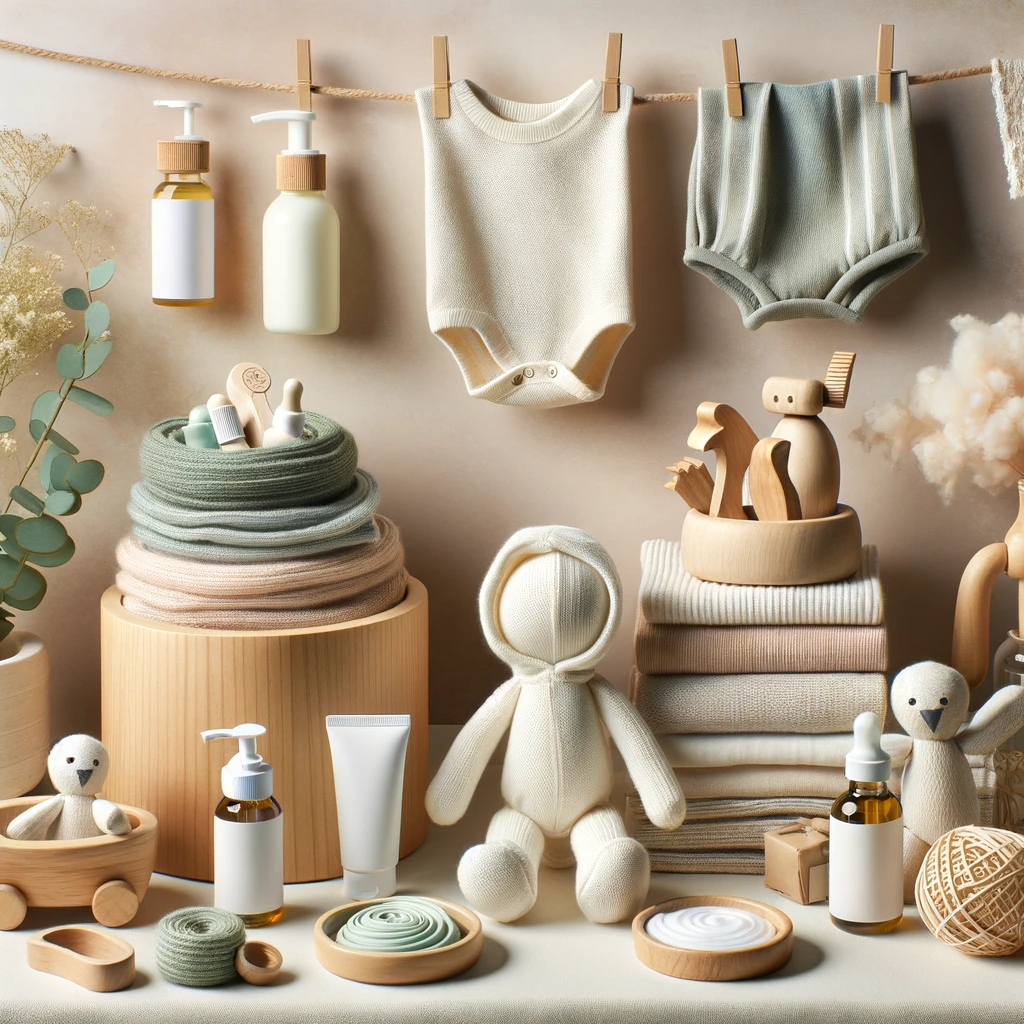 A variety of top organic baby products including soft, eco-friendly baby clothes, a wooden baby toy, and natural baby skincare products, all arranged against a soft, welcoming background.