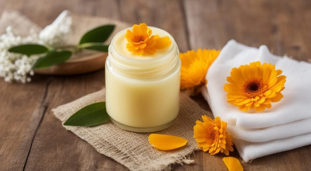 Organic calendula baby balm with plant and flower petals.