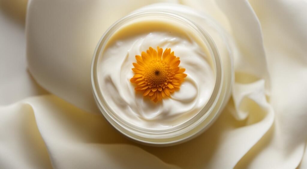 Organic calendula diaper cream in clear jar with flower.