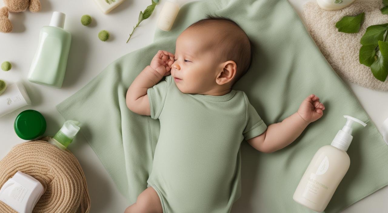 Baby lying comfortably atop of an organic cotton blanket. Surrounded by organic baby products such as baby lotion, shampoo and wash, and fresh ingredients used in their production.